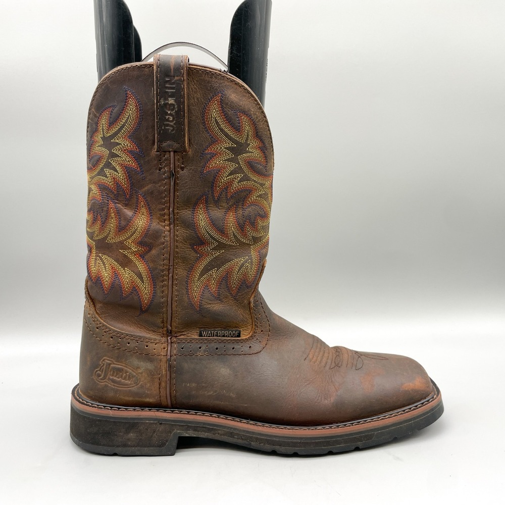 Justin Mens 11 D Western Cowboy Boots Brown Leather Square Toe Waterproof Rugged